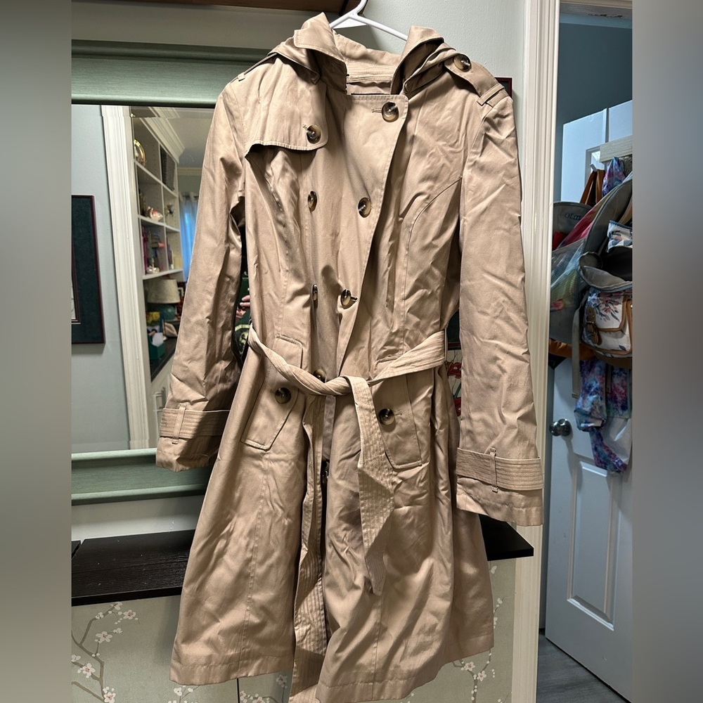 London Fog Hooded Double Breasted Belted Trenchcoat